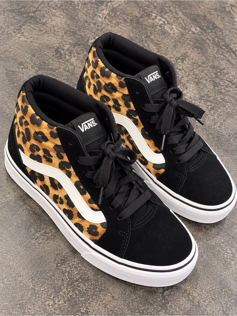 Vans Mid-Top Sneakers in Black & Leopard Print